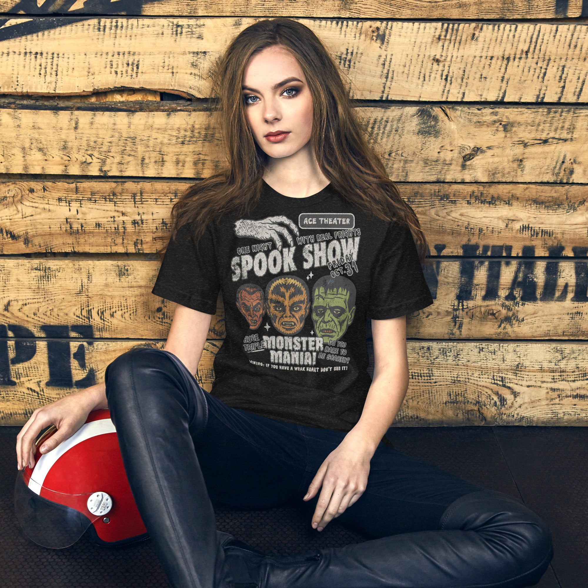 Vintage spook show poster style back print with three classic monster faces and Midnight Spook Show text, retro Halloween design, Artificial Perdition apparel