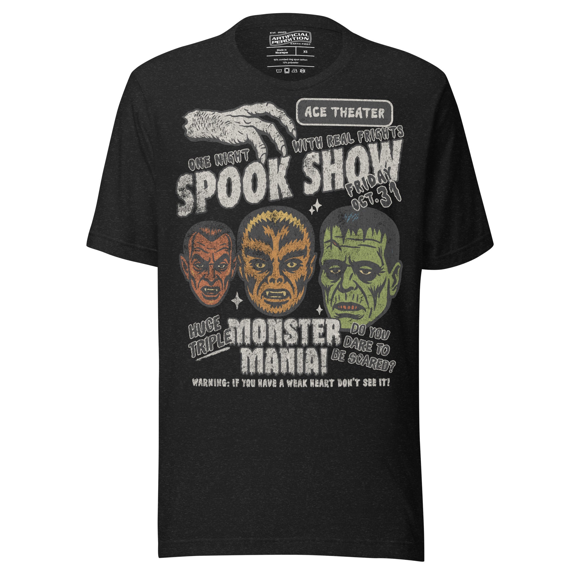 Vintage spook show poster style back print with three classic monster faces and Midnight Spook Show text, retro Halloween design, Artificial Perdition apparel