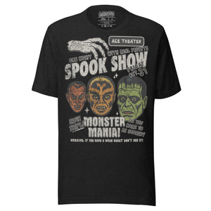 Vintage spook show poster style back print with three classic monster faces and Midnight Spook Show text, retro Halloween design, Artificial Perdition apparel