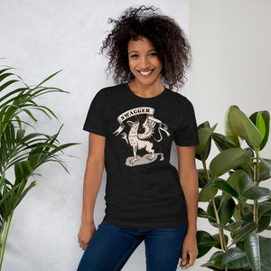 Rampant griffin in heraldic engraving style with Swagger banner ribbon, cream and black illustration, Artificial Perdition apparel
