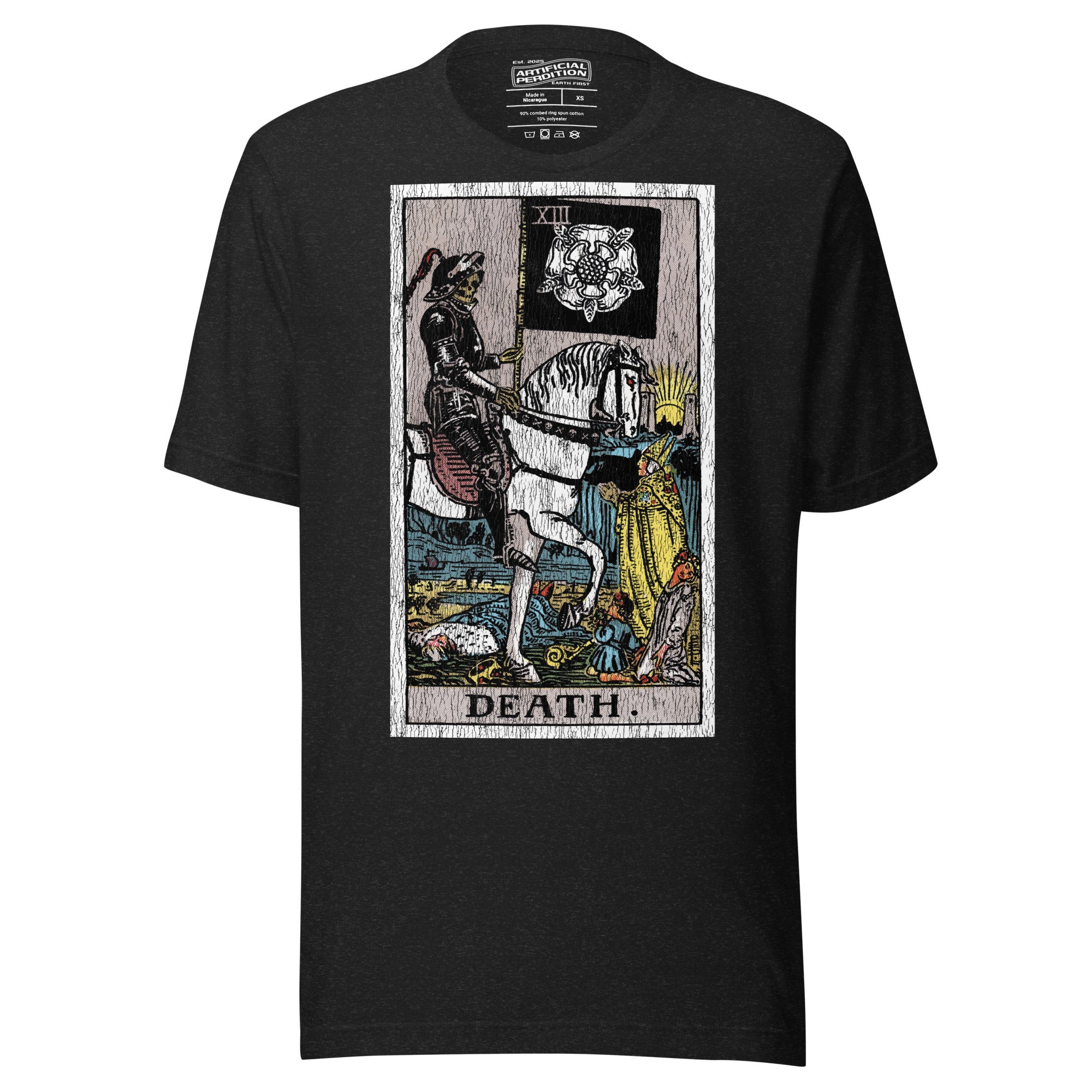 Death tarot card, skeletal horseman with black banner and white rose, figures fallen before him and sun rising on horizon, Rider-Waite style, Artificial Perdition