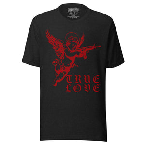 Red cherub angel with halo aiming rifle above blackletter True Love text, dark ironic tattoo flash style, Artificial Perdition apparel