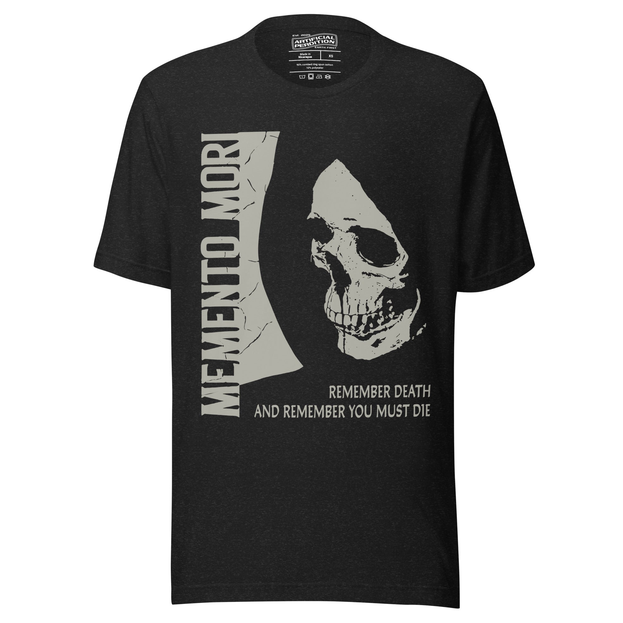 Cracked skull illustration in tombstone grey with vertical Memento Mori text and Remember Death translation, Artificial Perdition apparel