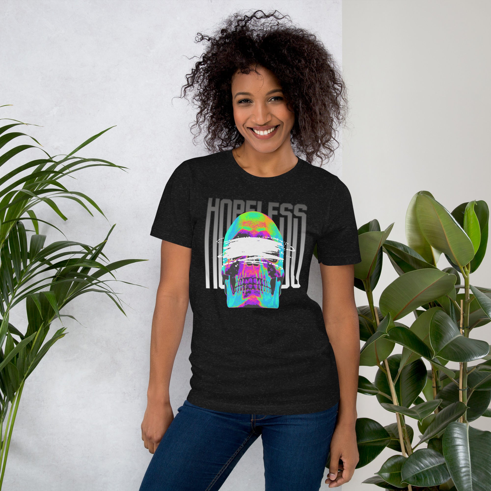 Blindfolded skull in thermal heat-map colors with bold chrome HOPELESS text, psychological horror design, Artificial Perdition apparel