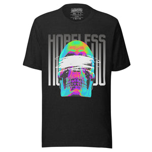 Blindfolded skull in thermal heat-map colors with bold chrome HOPELESS text, psychological horror design, Artificial Perdition apparel