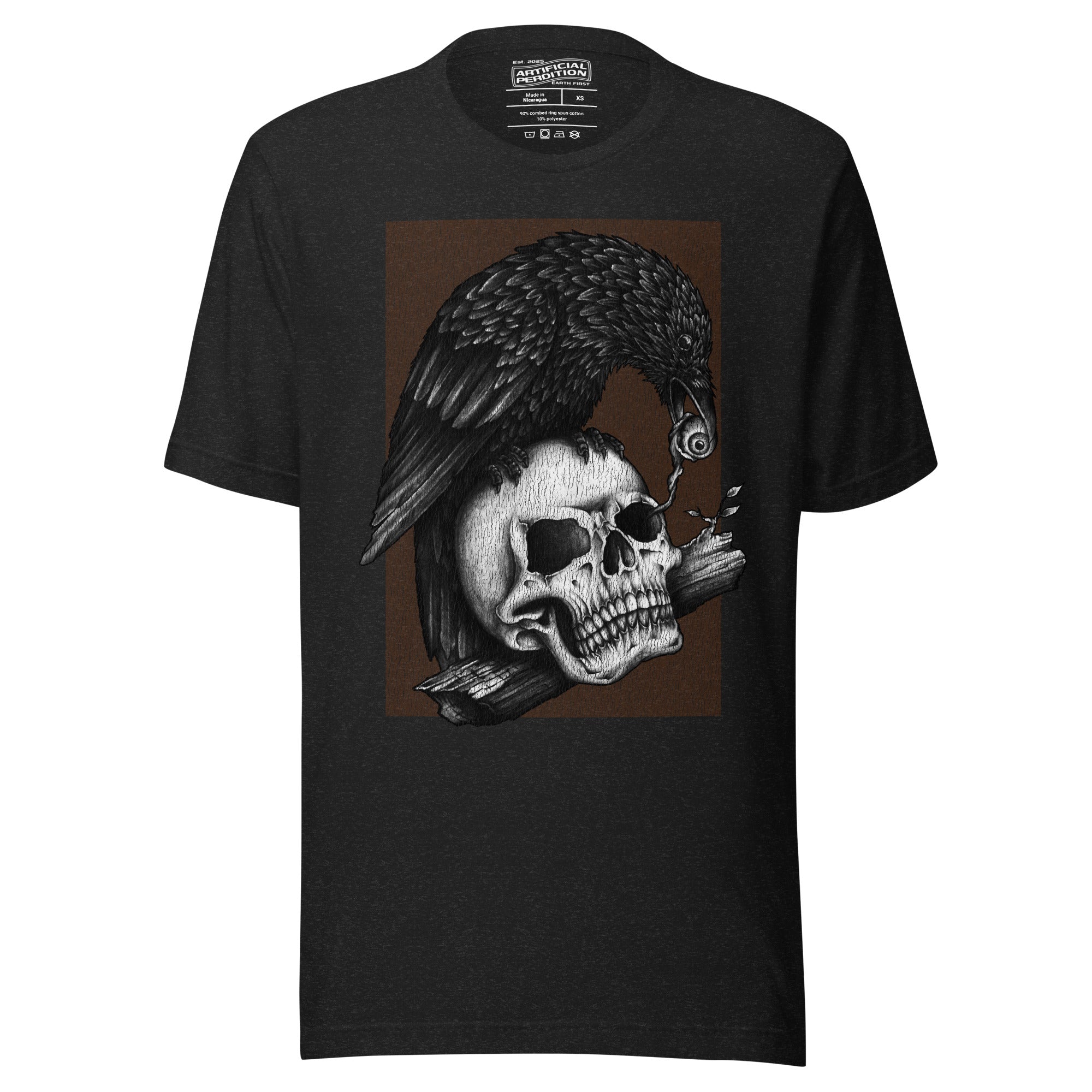 Graphite illustration of a black corvid perched on a human skull removing the eye, sprouting branch beside it, Last Look, Artificial Perdition apparel