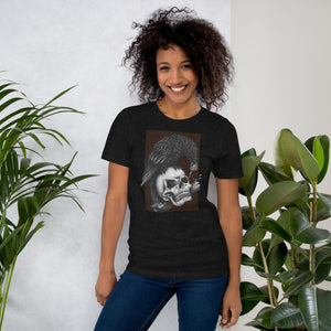 Graphite illustration of a black corvid perched on a human skull removing the eye, sprouting branch beside it, Last Look, Artificial Perdition apparel