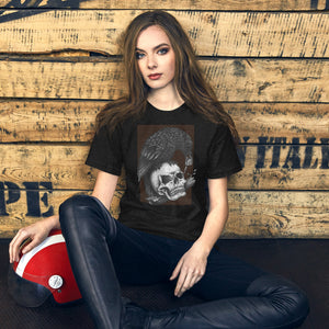 Graphite illustration of a black corvid perched on a human skull removing the eye, sprouting branch beside it, Last Look, Artificial Perdition apparel