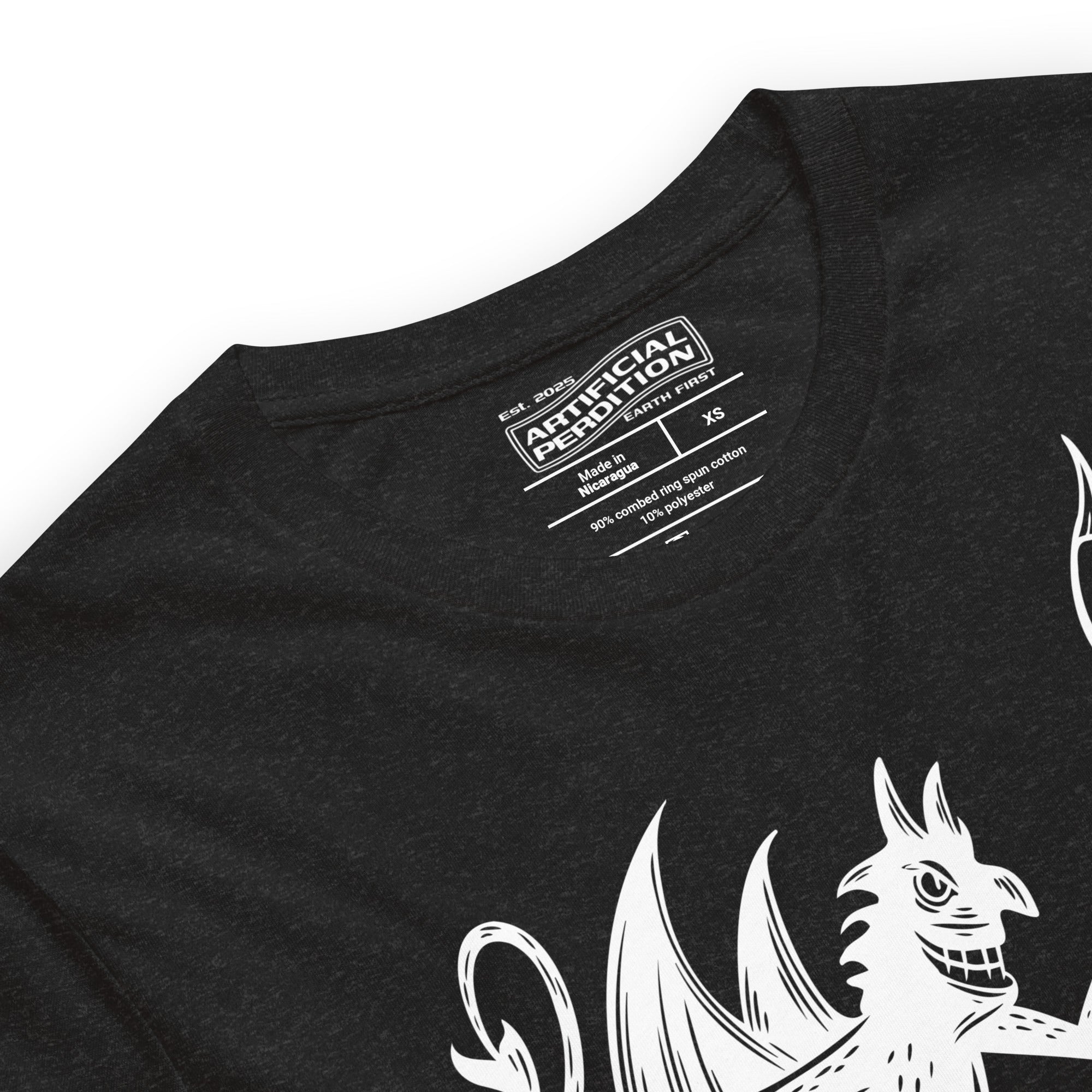 Artificial Perdition devil mascot, red illustrated devil mid-stride with trident and brand name, hand-drawn style on black, official logo tee