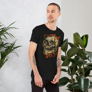 Die-cut skull with amber eyes and dripping orange horror font reading EVERY BODY DIES, vintage pulp style, Artificial Perdition apparel