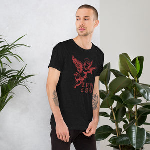 Red cherub angel with halo aiming rifle above blackletter True Love text, dark ironic tattoo flash style, Artificial Perdition apparel