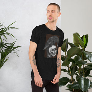 Graphite illustration of a black corvid perched on a human skull removing the eye, sprouting branch beside it, Last Look, Artificial Perdition apparel