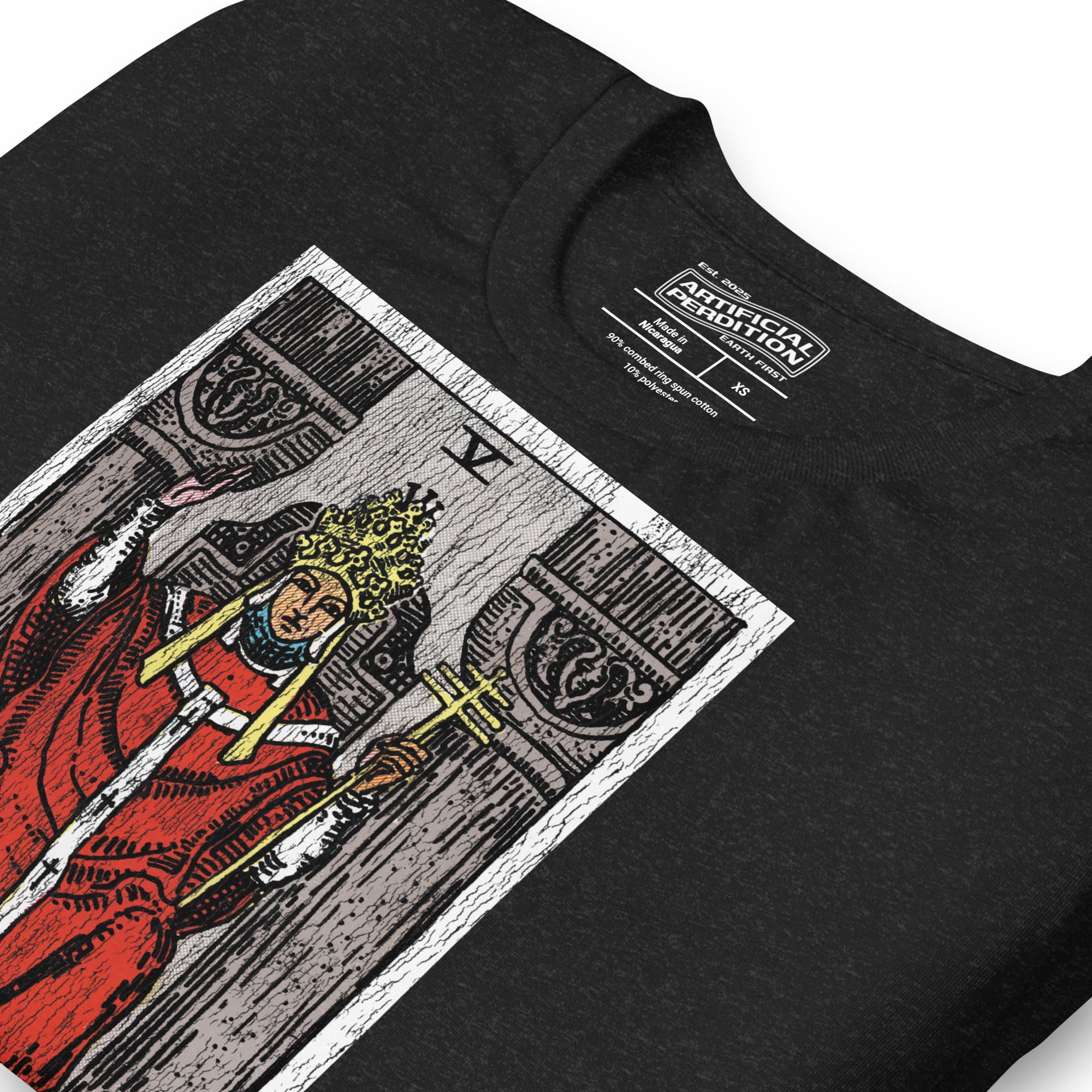 The Hierophant tarot card, triple-crowned figure seated between pillars with crossed keys and kneeling acolytes, Rider-Waite style, Artificial Perdition