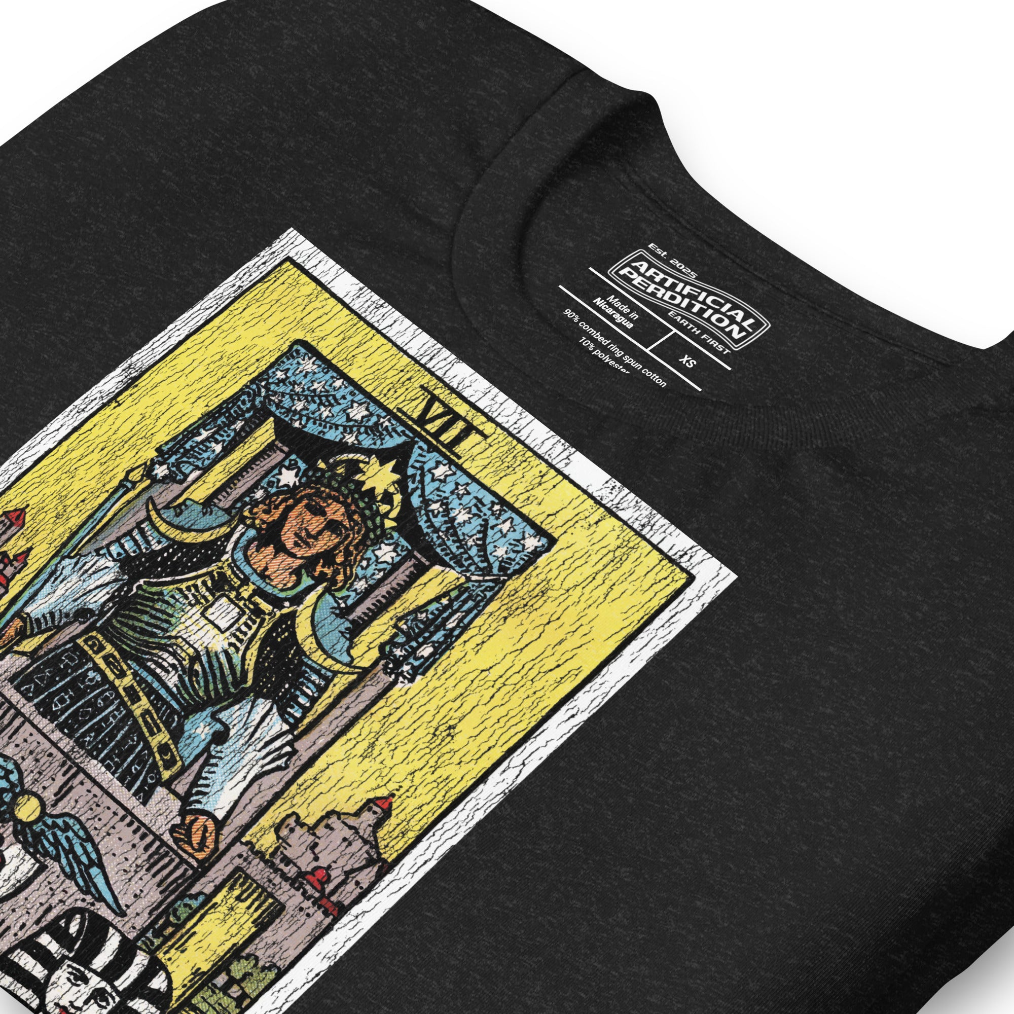 The Chariot tarot card, armored figure with starred crown riding chariot drawn by black and white sphinxes, city walls behind, Rider-Waite style, Artificial Perdition