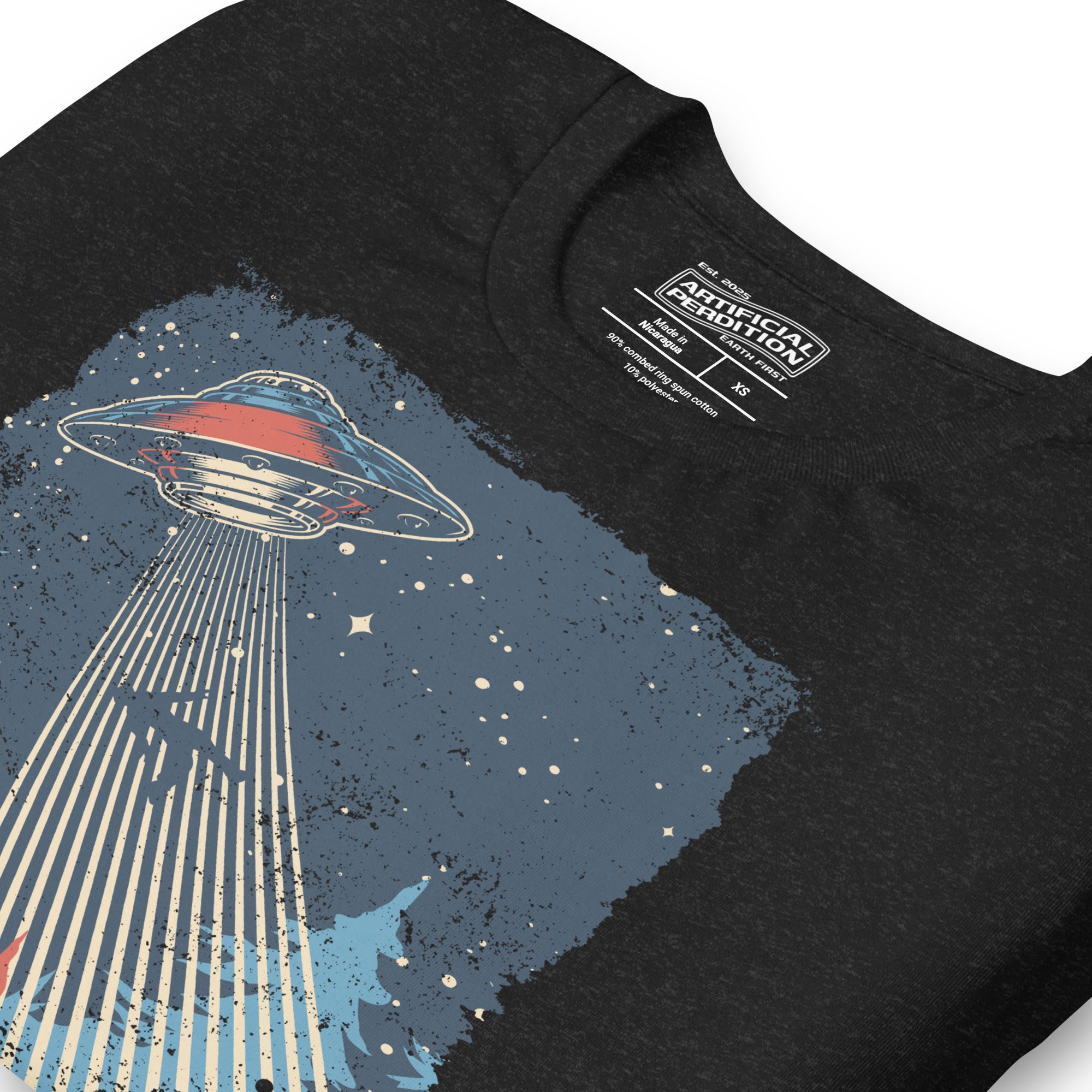 Retro poster style UFO beaming down into a midnight forest with I WANT TO LEAVE text, red and blue palette, Artificial Perdition apparel