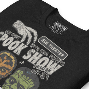 Vintage spook show poster style back print with three classic monster faces and Midnight Spook Show text, retro Halloween design, Artificial Perdition apparel