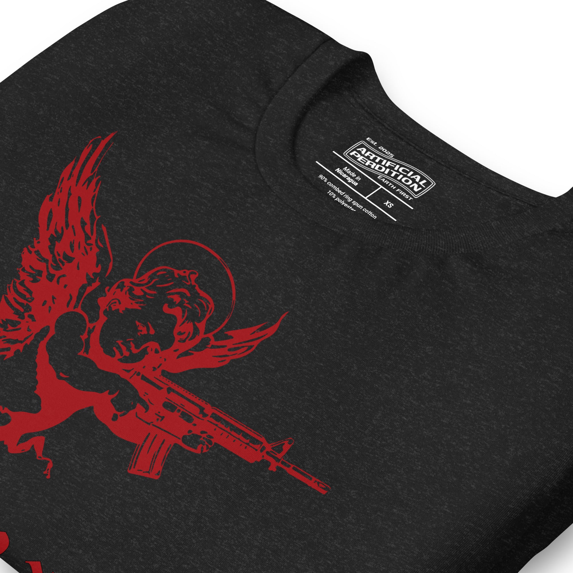 Red cherub angel with halo aiming rifle above blackletter True Love text, dark ironic tattoo flash style, Artificial Perdition apparel