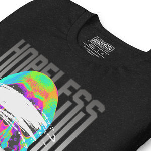 Blindfolded skull in thermal heat-map colors with bold chrome HOPELESS text, psychological horror design, Artificial Perdition apparel