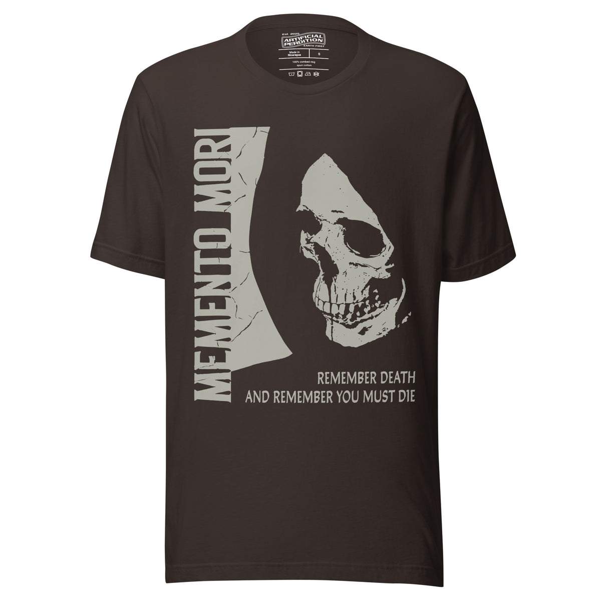 Cracked skull illustration in tombstone grey with vertical Memento Mori text and Remember Death translation, Artificial Perdition apparel