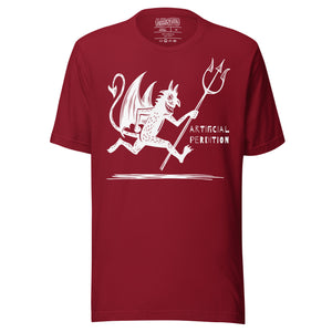 Artificial Perdition devil mascot, red illustrated devil mid-stride with trident and brand name, hand-drawn style on black, official logo tee