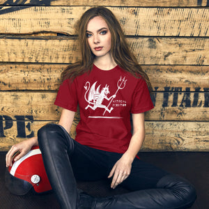 Artificial Perdition devil mascot, red illustrated devil mid-stride with trident and brand name, hand-drawn style on black, official logo tee