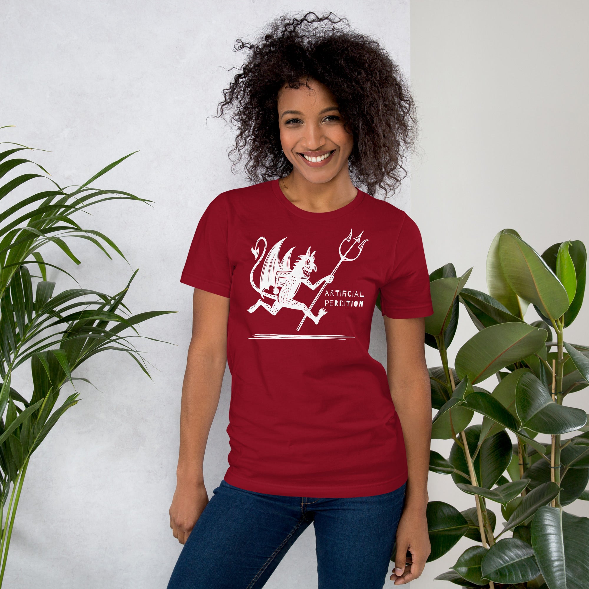 Artificial Perdition devil mascot, red illustrated devil mid-stride with trident and brand name, hand-drawn style on black, official logo tee