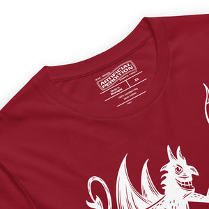 Artificial Perdition devil mascot, red illustrated devil mid-stride with trident and brand name, hand-drawn style on black, official logo tee