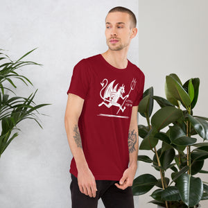 Artificial Perdition devil mascot, red illustrated devil mid-stride with trident and brand name, hand-drawn style on black, official logo tee