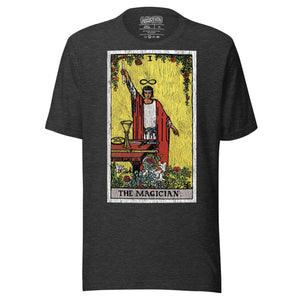The Magician tarot card, robed figure with wand raised and lemniscate overhead, four suits on table, Rider-Waite style, Artificial Perdition