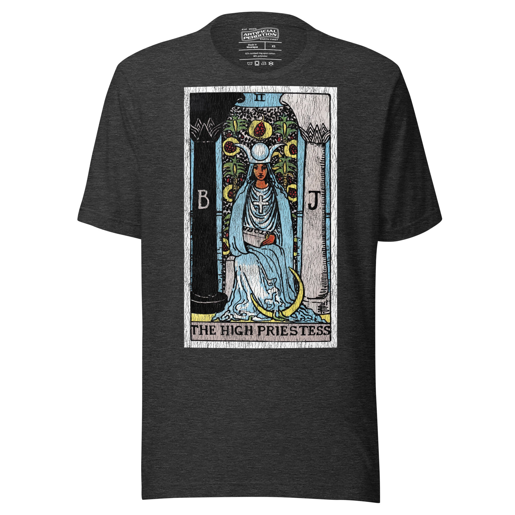 The High Priestess tarot card, robed figure seated between two pillars with scroll and crescent moon, Rider-Waite style, Artificial Perdition