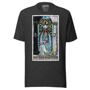 The High Priestess tarot card, robed figure seated between two pillars with scroll and crescent moon, Rider-Waite style, Artificial Perdition