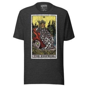 The Empress tarot card, crowned figure enthroned with Venus shield and scepter, wheat field and forest behind her, Rider-Waite style, Artificial Perdition