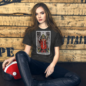 The Hierophant tarot card, triple-crowned figure seated between pillars with crossed keys and kneeling acolytes, Rider-Waite style, Artificial Perdition