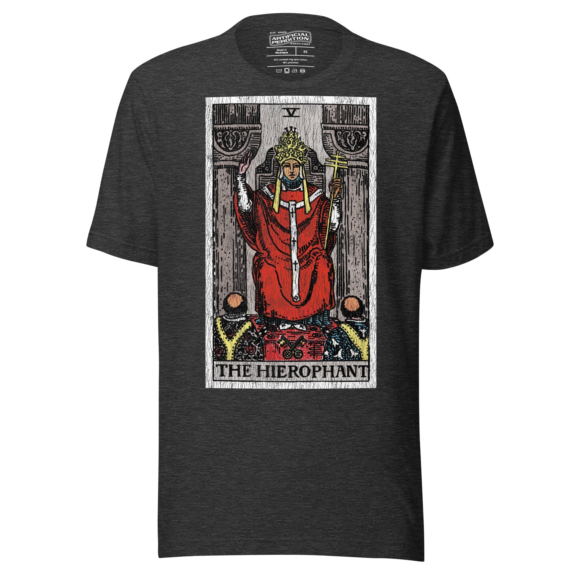 The Hierophant tarot card, triple-crowned figure seated between pillars with crossed keys and kneeling acolytes, Rider-Waite style, Artificial Perdition