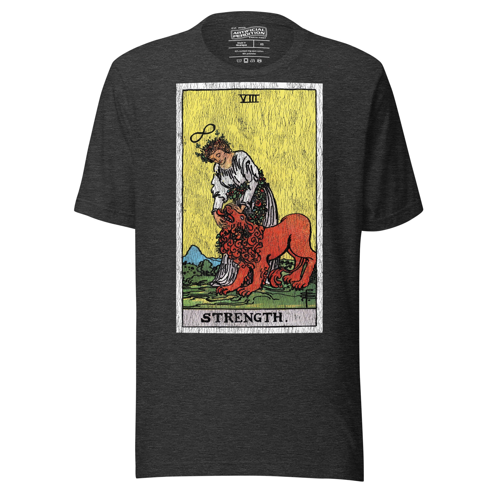 Card eight. The lion is already subdued, led by a chain of flowers. Strength is the quiet kind — fortitude, not force. Rider-Waite tarot apparel.