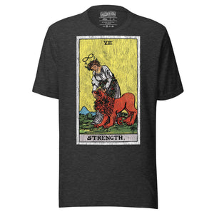 Card eight. The lion is already subdued, led by a chain of flowers. Strength is the quiet kind — fortitude, not force. Rider-Waite tarot apparel.