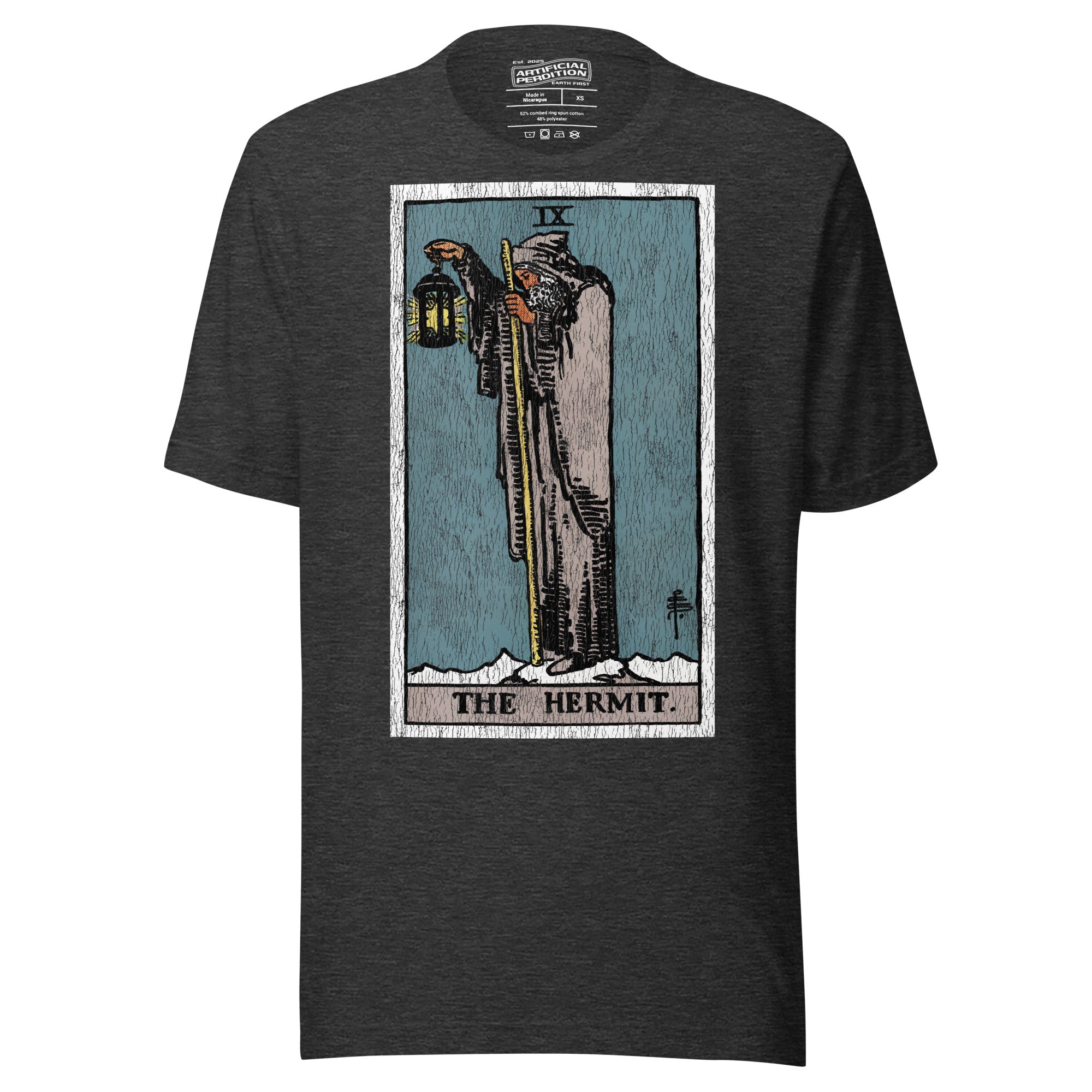 Product mockupThe Hermit tarot card, hooded robed figure on snowy summit holding a staff and lantern with star inside, Rider-Waite style, Artificial Perdition