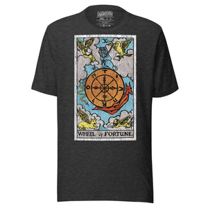 Wheel of Fortune tarot card, sphinx atop a turning wheel flanked by four creatures, Rider-Waite style, Artificial Perdition