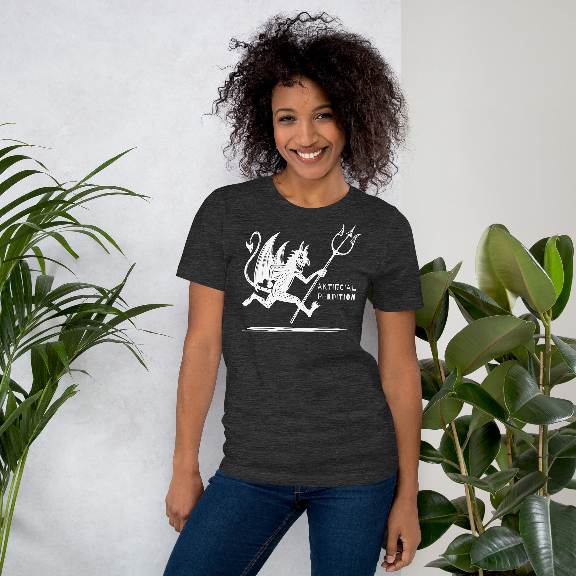 Artificial Perdition devil mascot, red illustrated devil mid-stride with trident and brand name, hand-drawn style on black, official logo tee