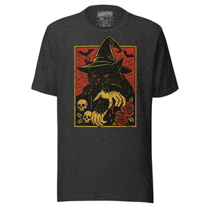 Black cat in witch hat with vampire fangs and skeletal dripping claws, skulls and roses flanking, bats in red sky, horror tattoo flash style, Artificial Perdition