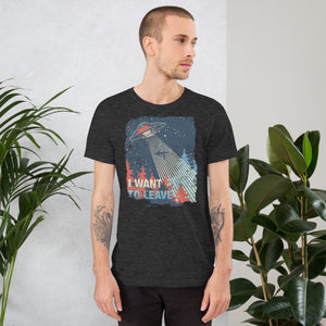 Retro poster style UFO beaming down into a midnight forest with I WANT TO LEAVE text, red and blue palette, Artificial Perdition apparel