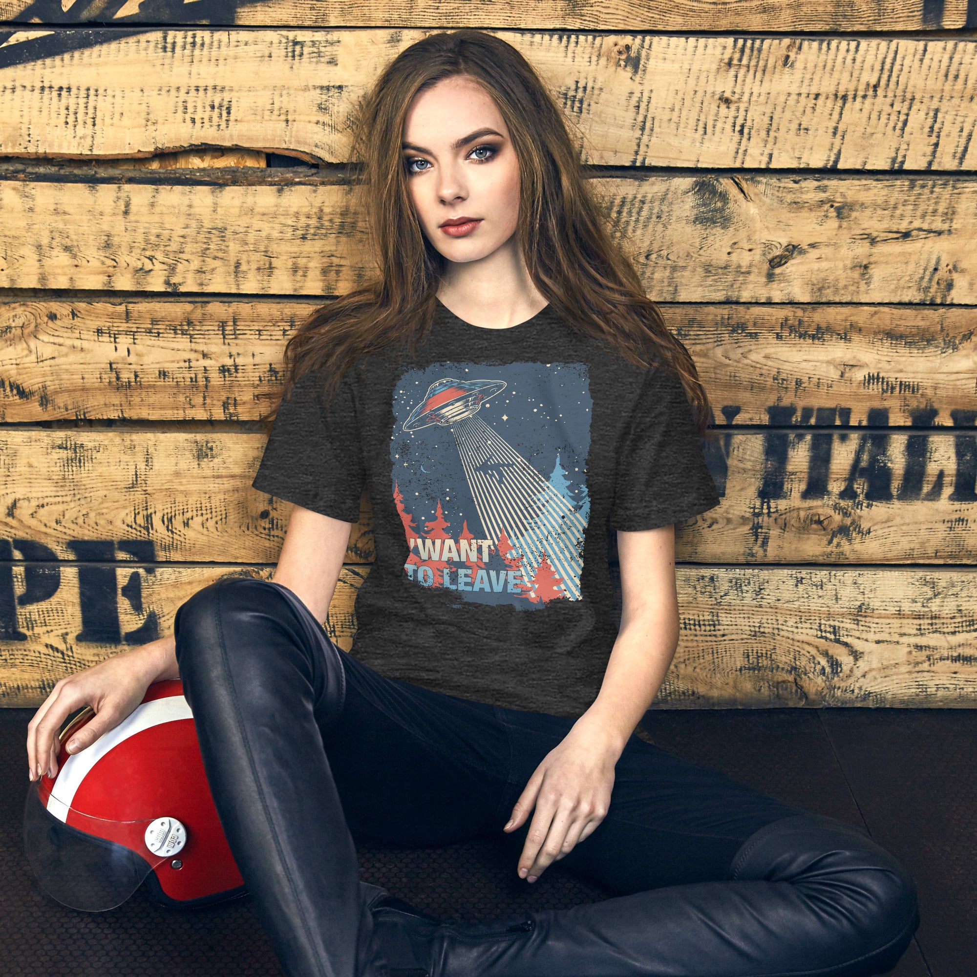 Retro poster style UFO beaming down into a midnight forest with I WANT TO LEAVE text, red and blue palette, Artificial Perdition apparel