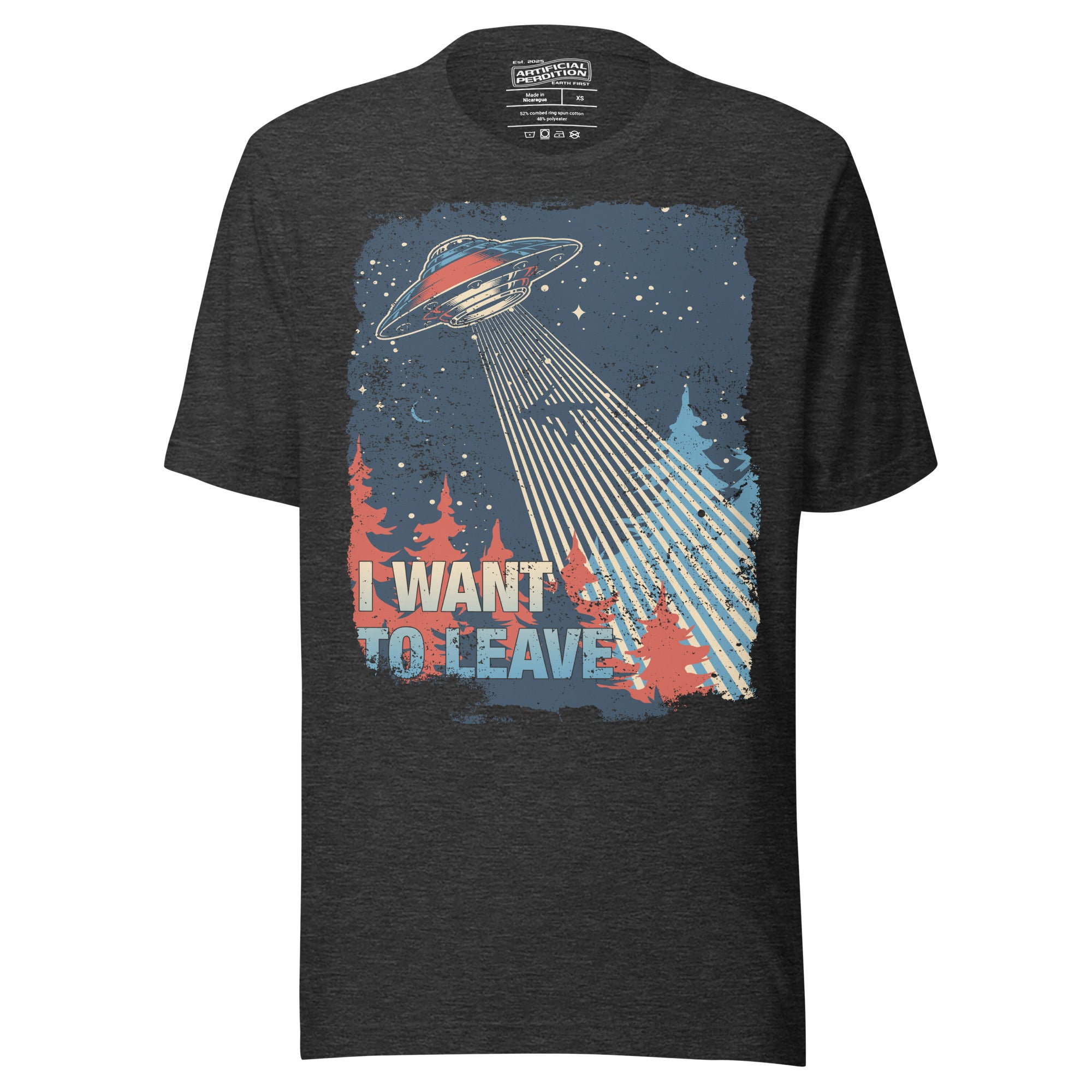 Retro poster style UFO beaming down into a midnight forest with I WANT TO LEAVE text, red and blue palette, Artificial Perdition apparel