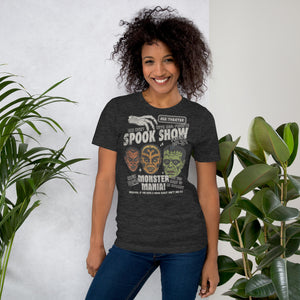 Vintage spook show poster style back print with three classic monster faces and Midnight Spook Show text, retro Halloween design, Artificial Perdition apparel