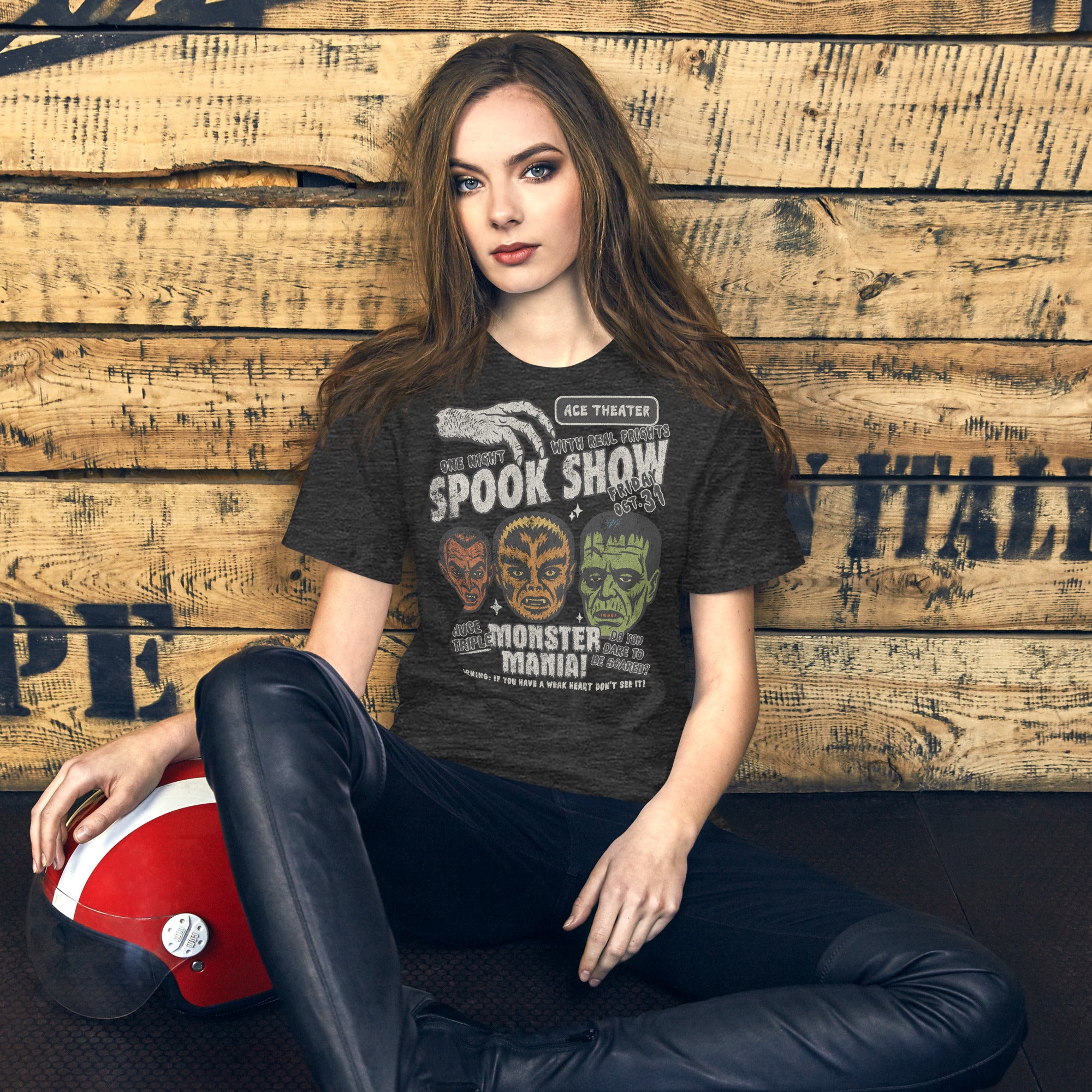 Vintage spook show poster style back print with three classic monster faces and Midnight Spook Show text, retro Halloween design, Artificial Perdition apparel