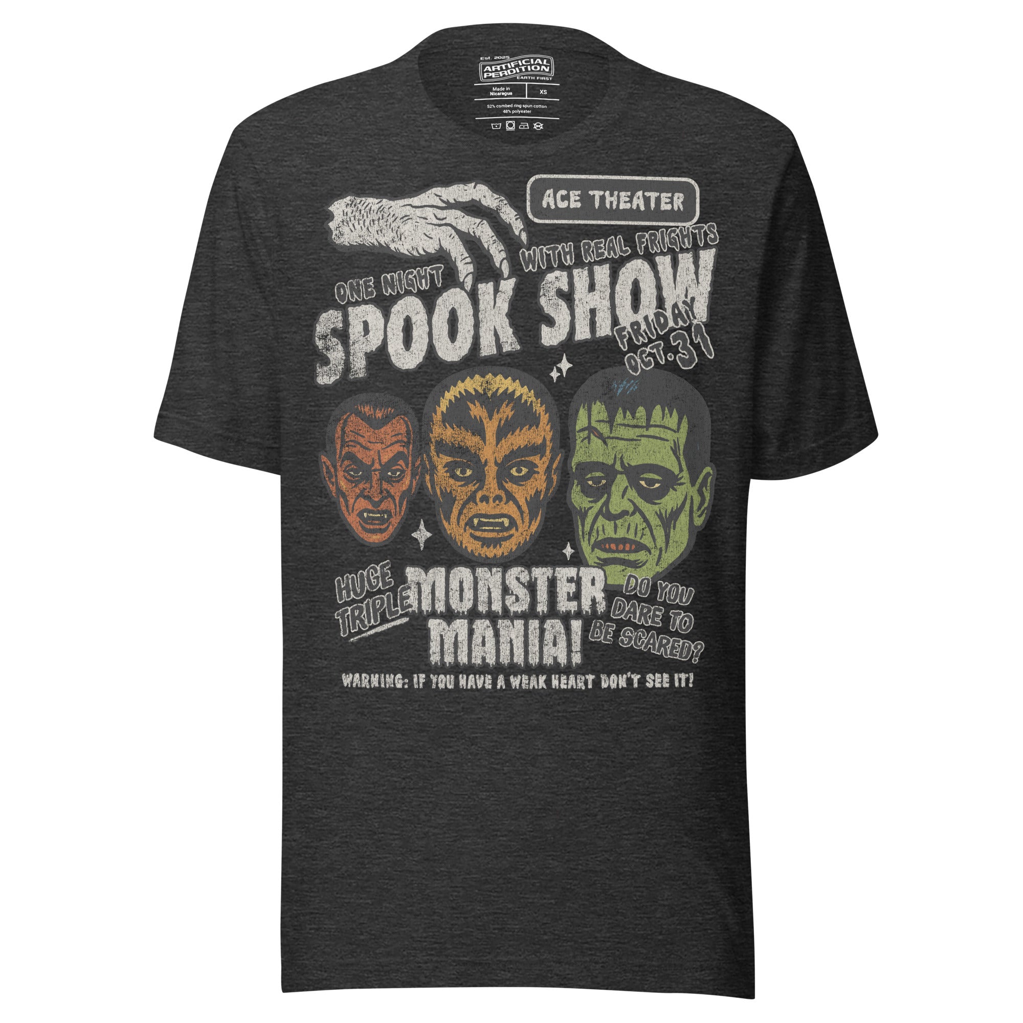 Vintage spook show poster style back print with three classic monster faces and Midnight Spook Show text, retro Halloween design, Artificial Perdition apparel