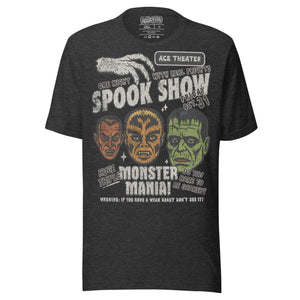 Vintage spook show poster style back print with three classic monster faces and Midnight Spook Show text, retro Halloween design, Artificial Perdition apparel