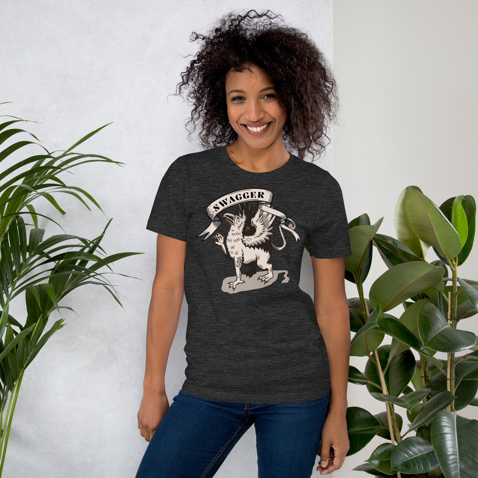Rampant griffin in heraldic engraving style with Swagger banner ribbon, cream and black illustration, Artificial Perdition apparel
