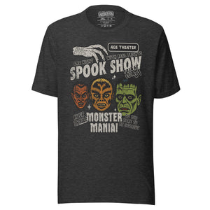 Vintage spook show poster front print with three classic monster faces, Ace Theater and Monster Mania text, distressed style on black, Artificial Perdition apparel