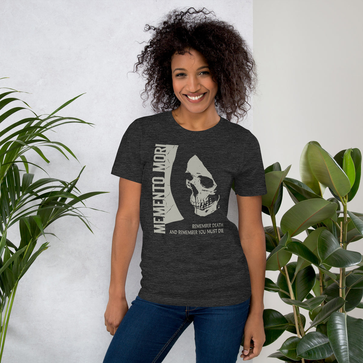 Cracked skull illustration in tombstone grey with vertical Memento Mori text and Remember Death translation, Artificial Perdition apparel